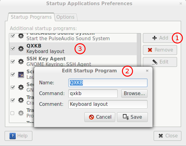 From the Startup Applications window click ‟Add” and add the qxkb.